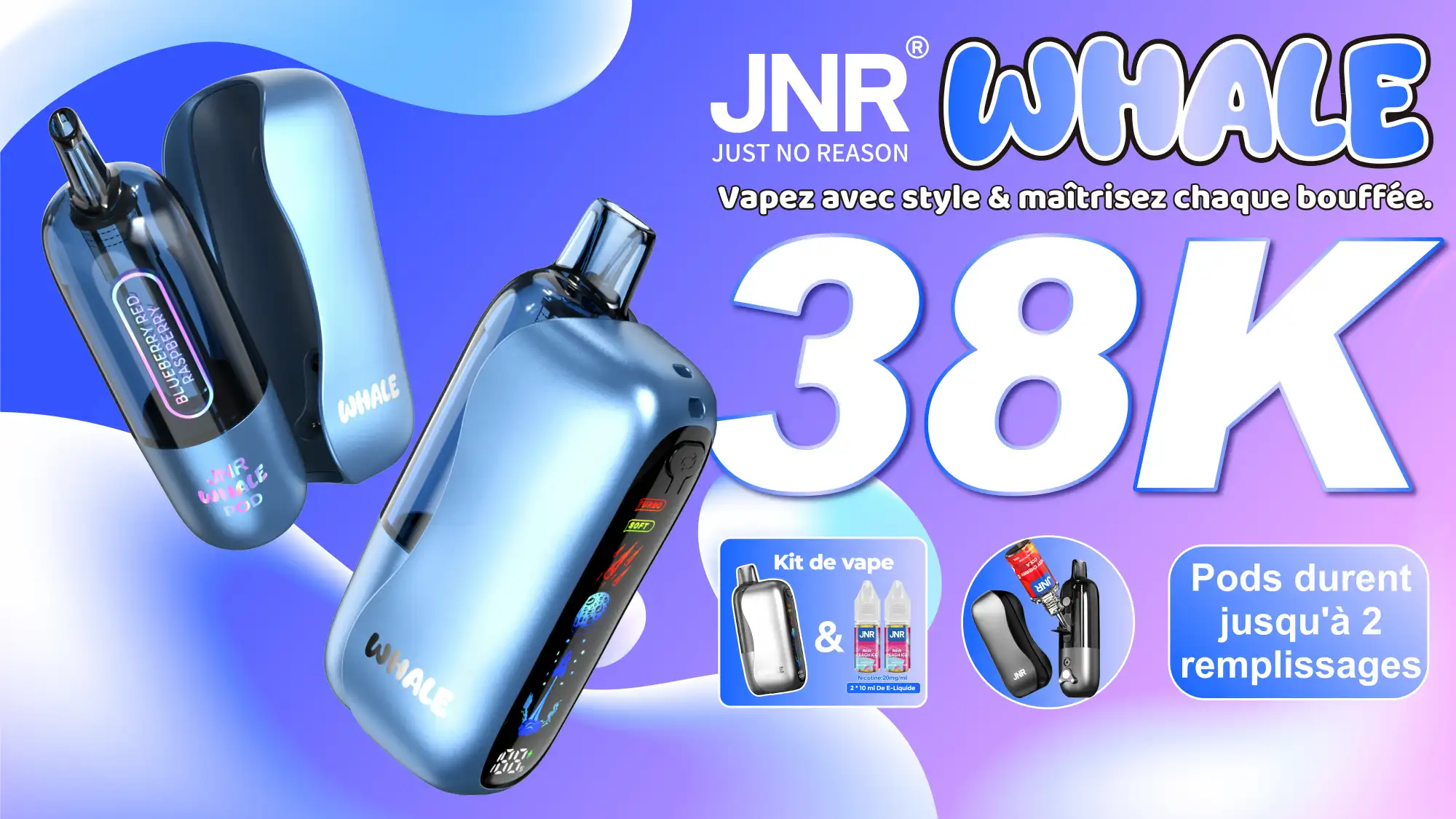 JNR Whale 38K vape rechargeable premium longue durée